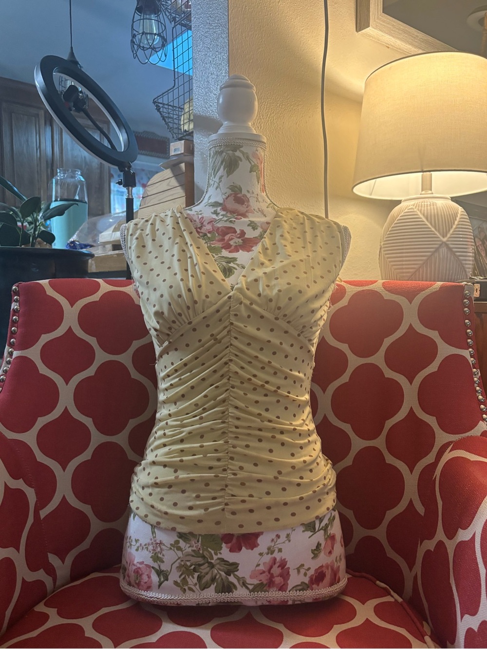 Sleeveless Yellow Polka Dot Ruched V-Neck Tank